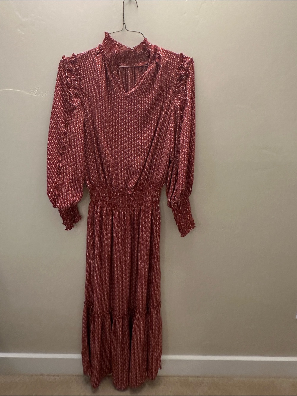 Max Studio Burgundy Red Printed Maxi Dress with Smocked Waist